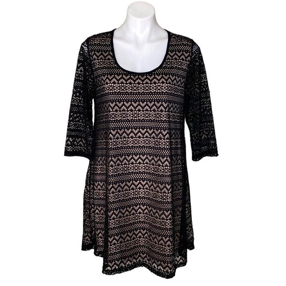 Umgee NWT Black Lace Overlay Mini Dress, Scoop Neck 3/4-Sleeves Women’s Size M - Picture 2 of 10